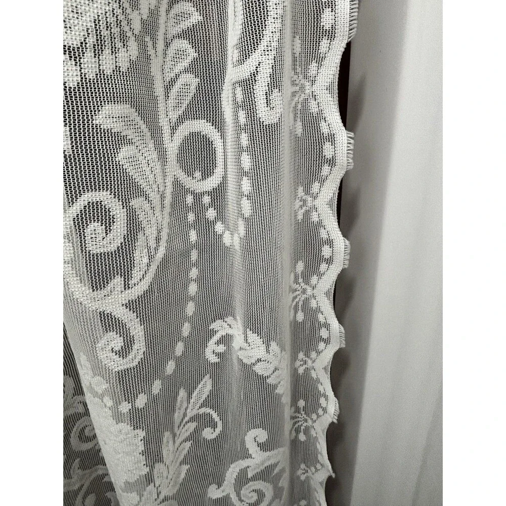 Romantic Cottage Ivory Floral Garlands Lace Curtains Scalloped Edge 2 Panels